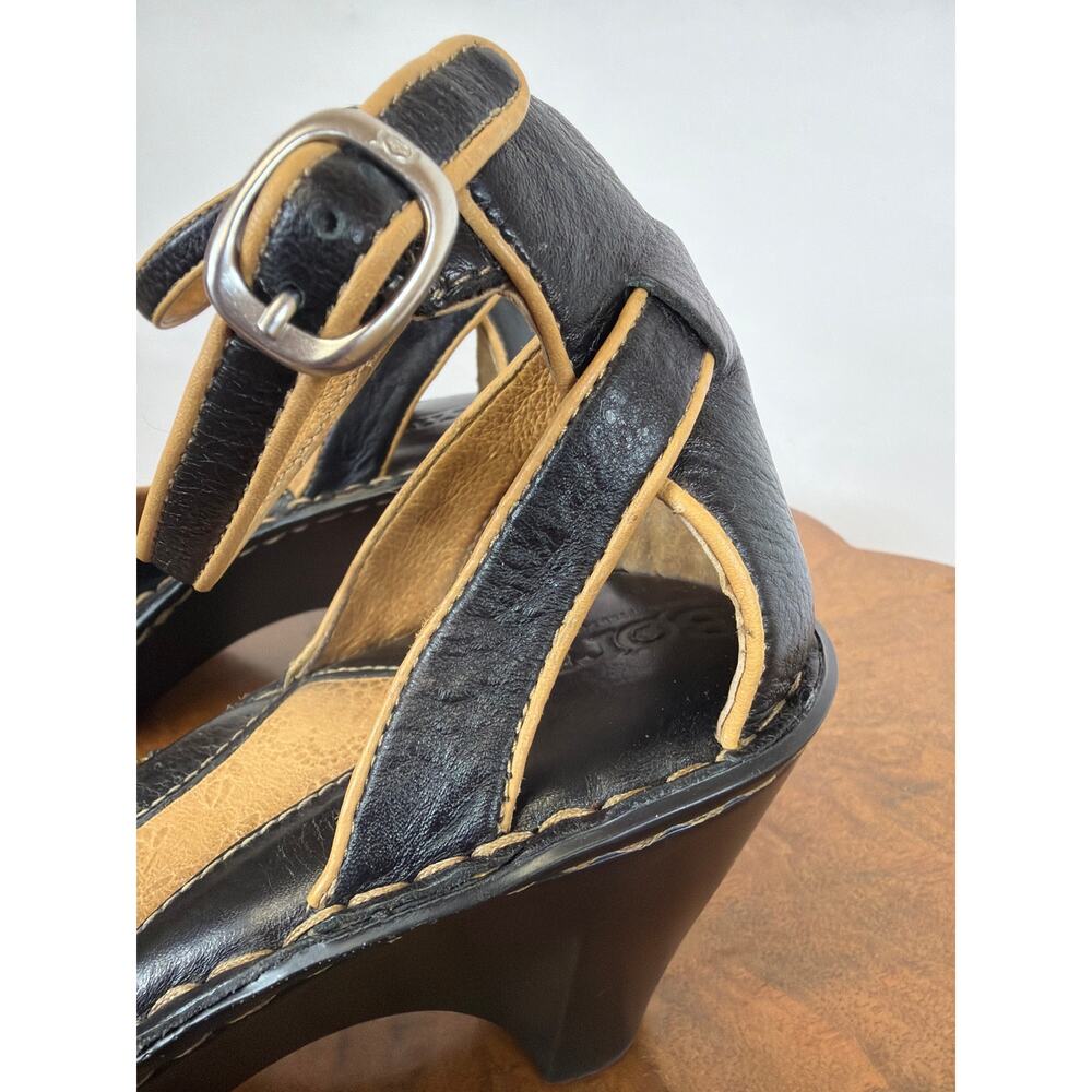 Born Black Leather Peep Toe Sandals Tan Piping Contrast Stitch Heel Size 10 - Picture 7 of 11